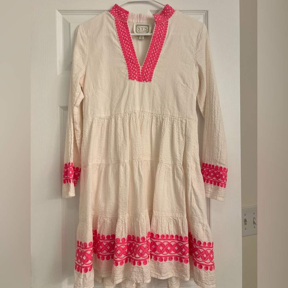 Sail to Sable Cream and White Tiered Seersucker Embroidered Mini Sundress